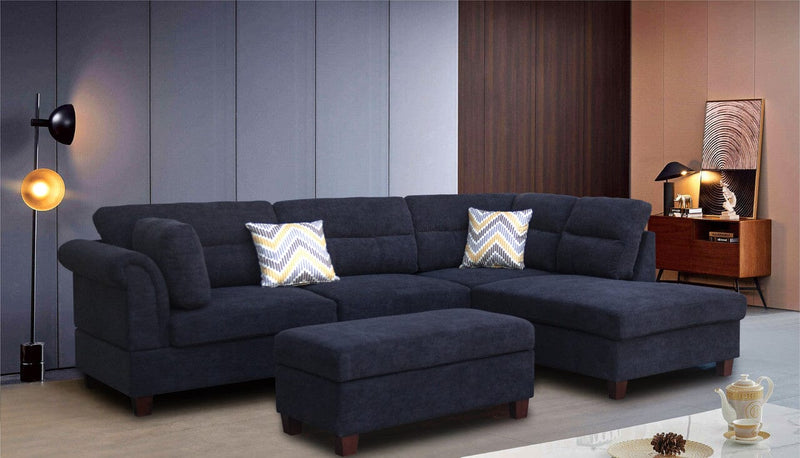 Diego Black Fabric Sectional Sofa with Right Facing Chaise, Storage Ottoman, and 2 Accent Pillows