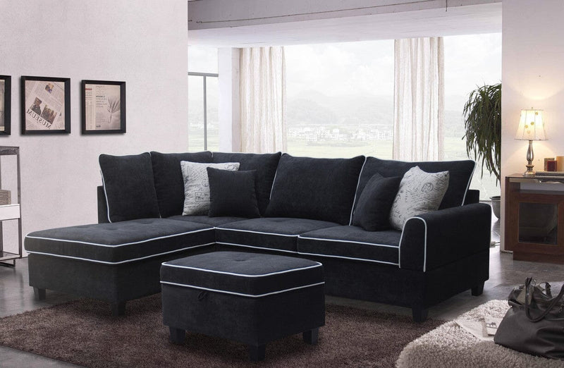 Harmony Black Fabric Sectional Sofa with Left-Facing Chaise and Storage Ottoman