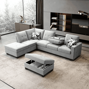 Remi Light Gray Velvet Reversible Sectional Sofa with Dropdown Table, Charging Ports, Cupholders, Storage Ottoman, and Pillows