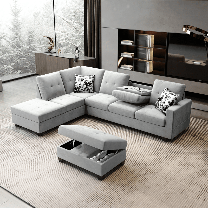 Remi Light Gray Velvet Reversible Sectional Sofa with Dropdown Table, Charging Ports, Cupholders, Storage Ottoman, and Pillows
