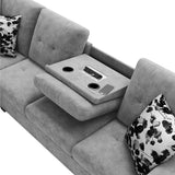 Remi Light Gray Velvet Reversible Sectional Sofa with Dropdown Table, Charging Ports, Cupholders, Storage Ottoman, and Pillows