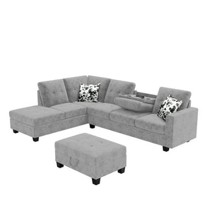 Remi Light Gray Velvet Reversible Sectional Sofa with Dropdown Table, Charging Ports, Cupholders, Storage Ottoman, and Pillows
