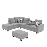 Remi Light Gray Velvet Reversible Sectional Sofa with Dropdown Table, Charging Ports, Cupholders, Storage Ottoman, and Pillows