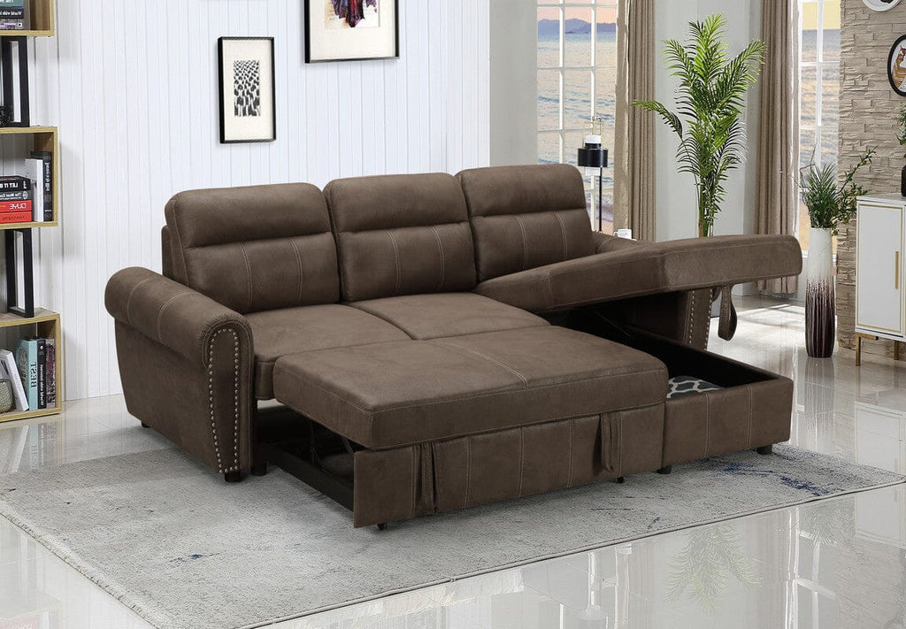 Ashton Saddle Brown Microfiber Reversible Sleeper Sectional Sofa Chaise