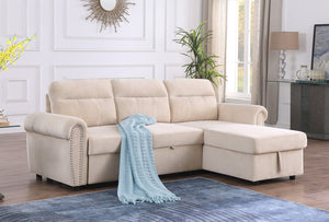 Ashton Beige Velvet Fabric Reversible Sleeper Sectional Sofa Chaise