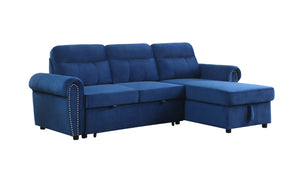 Ashton Blue Velvet Fabric Reversible Sleeper Sectional Sofa Chaise