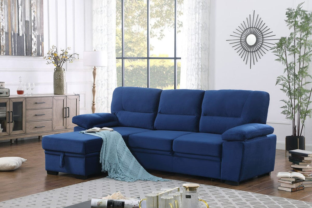 Kipling Blue Velvet Fabric Reversible Sleeper Sectional Sofa Chaise