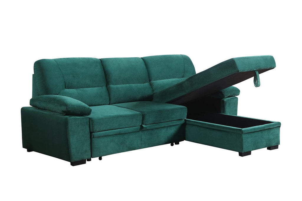 Kipling Green Velvet Fabric Reversible Sleeper Sectional Sofa Chaise