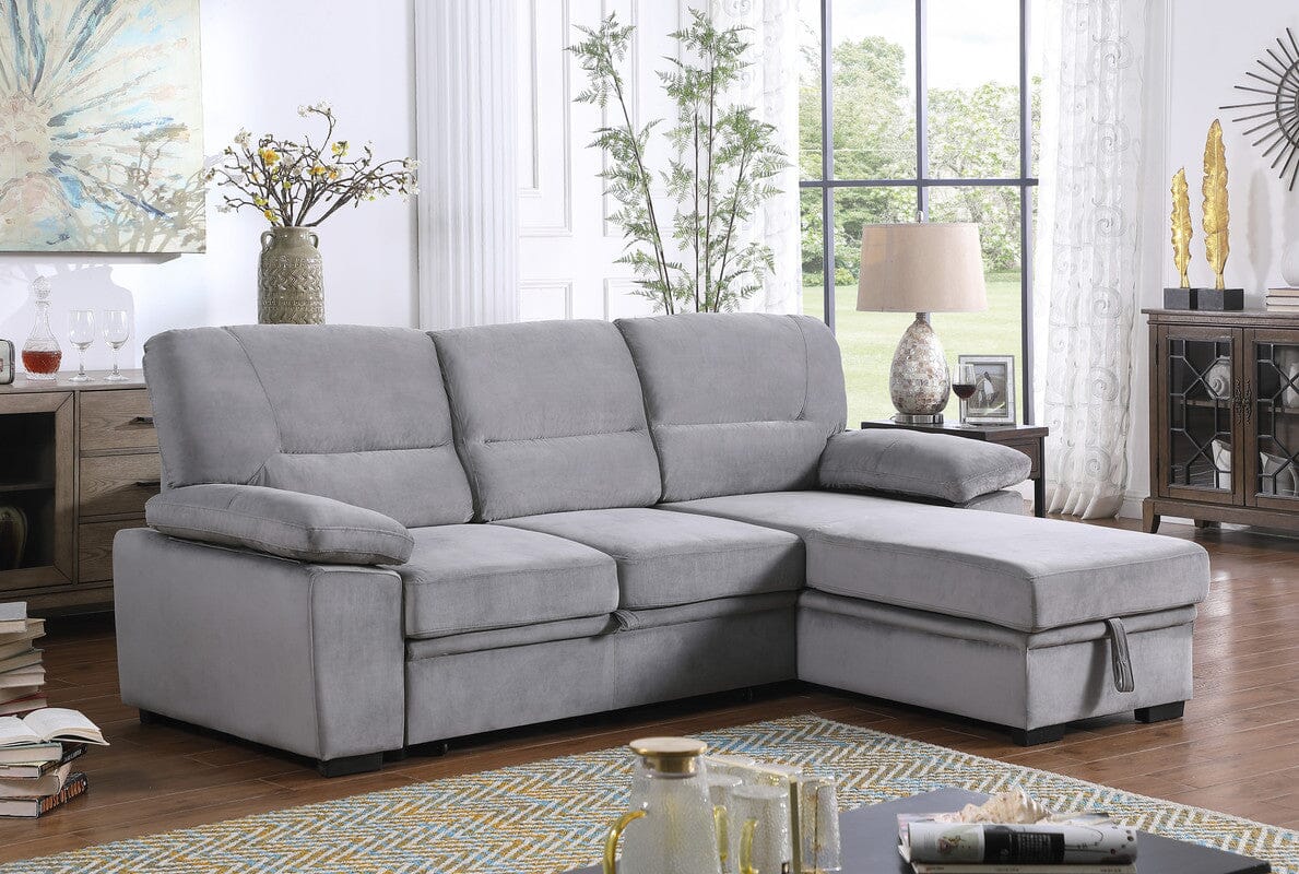 Kipling Gray Velvet Fabric Reversible Sleeper Sectional Sofa Chaise ...