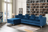 Ryan Deep Blue Velvet Reversible Sectional Sofa Chaise with Nail-Head Trim