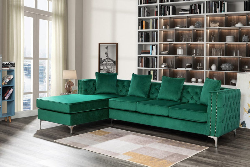 Ryan Green Velvet Reversible Sectional Sofa Chaise with Nail-Head Trim