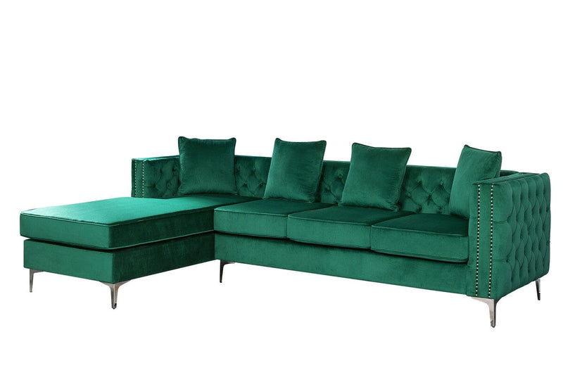 Ryan Green Velvet Reversible Sectional Sofa Chaise with Nail-Head Trim