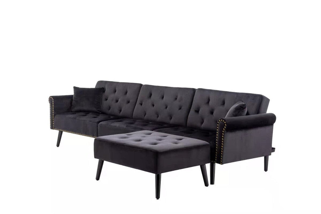 Piper Black Velvet Sofa Bed with Ottoman and 2 Accent Pillows
