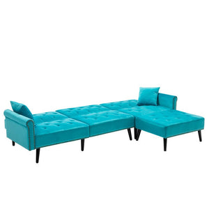 Piper Light Blue Velvet Sofa Bed with Ottoman and 2 Accent Pillows