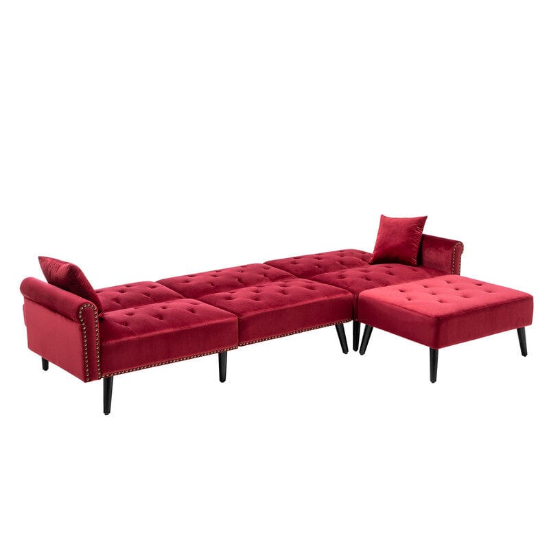 Piper Jujube Red Velvet Sofa Bed with Ottoman and 2 Accent Pillows