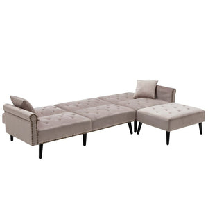 Piper Silver Gray Velvet Sofa Bed with Ottoman and 2 Accent Pillows