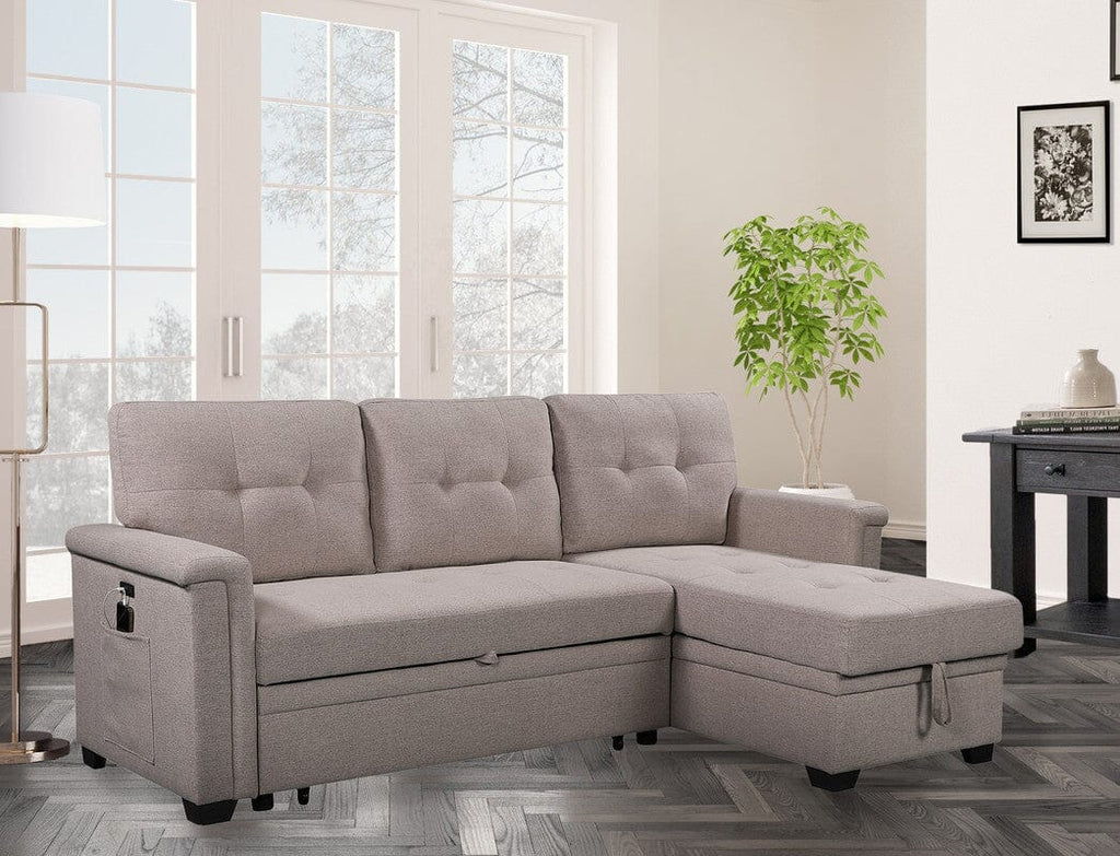Nathan Light Gray Reversible Sleeper Sectional Sofa with Storage Chaise, USB Charging Ports and Pocket