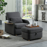 Huckleberry Dark Gray Linen Accent Chair with Storage Ottoman and Folding Side Table