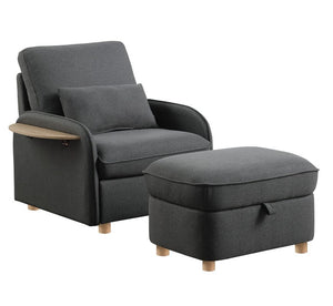 Huckleberry Dark Gray Linen Accent Chair with Storage Ottoman and Folding Side Table