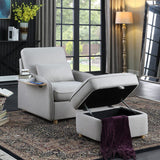 Huckleberry Light Gray Linen Accent Chair with Storage Ottoman and Folding Side Table