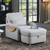 Huckleberry Light Gray Linen Accent Chair with Storage Ottoman and Folding Side Table