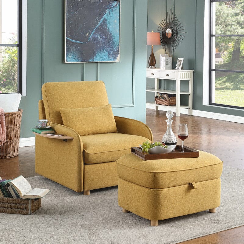 Huckleberry Yellow Linen Accent Chair with Storage Ottoman and Folding Side Table