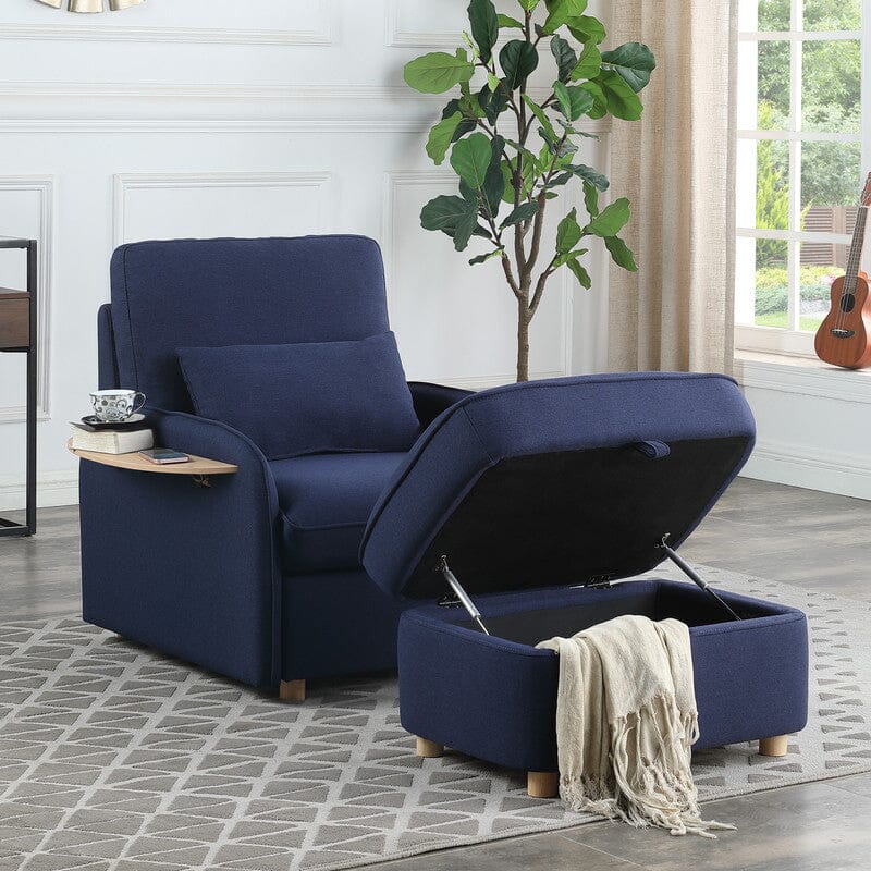 Huckleberry Blue Linen Accent Chair with Storage Ottoman and Folding Side Table