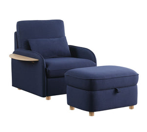 Huckleberry Blue Linen Accent Chair with Storage Ottoman and Folding Side Table