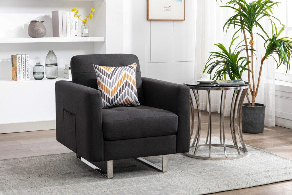 Victoria Dark Gray Linen Fabric Loveseat Chair Living Room Set with Metal Legs, Side Pockets, and Pillows