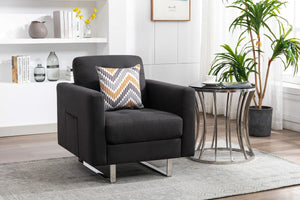 Victoria Dark Gray Linen Fabric Armchair with Metal Legs, Side Pockets, and Pillow