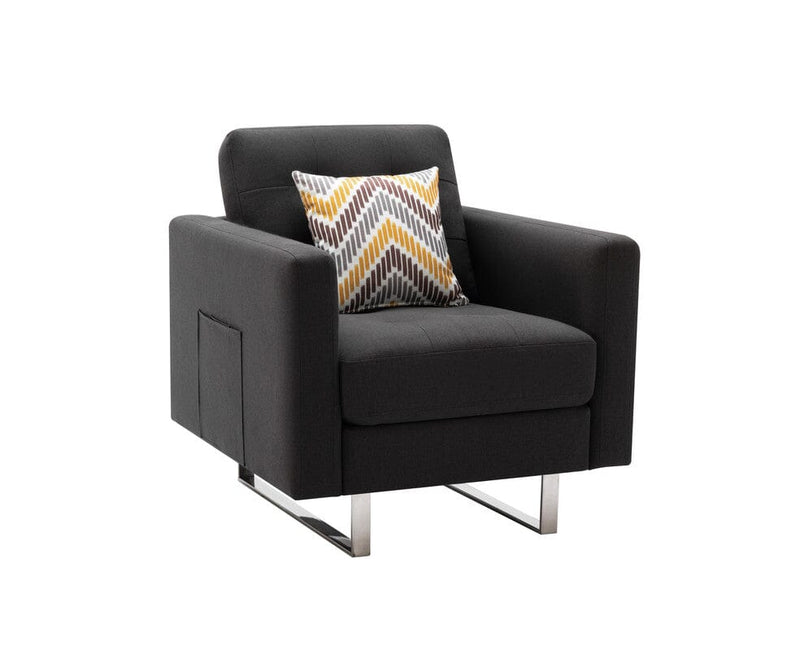 Victoria Dark Gray Linen Fabric Armchair with Metal Legs, Side Pockets, and Pillow