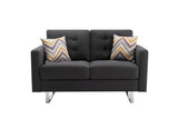 Victoria Dark Gray Linen Fabric Loveseat with Metal Legs, Side Pockets, and Pillows