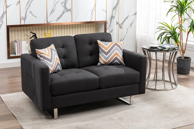 Victoria Dark Gray Linen Fabric Loveseat with Metal Legs, Side Pockets, and Pillows