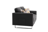 Victoria Dark Gray Linen Fabric Loveseat with Metal Legs, Side Pockets, and Pillows