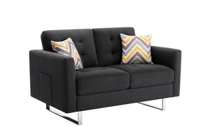 Victoria Dark Gray Linen Fabric Loveseat with Metal Legs, Side Pockets, and Pillows
