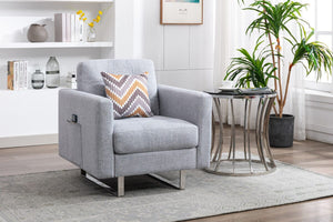 Victoria Light Gray Linen Fabric Armchair with Metal Legs, Side Pockets, and Pillow