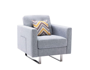 Victoria Light Gray Linen Fabric Armchair with Metal Legs, Side Pockets, and Pillow