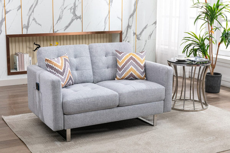 Victoria Light Gray Linen Fabric Loveseat with Metal Legs, Side Pockets, and Pillows