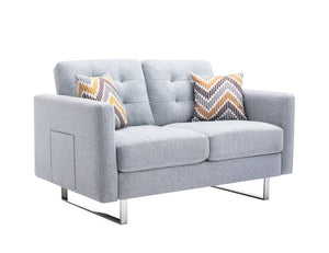 Victoria Light Gray Linen Fabric Loveseat with Metal Legs, Side Pockets, and Pillows