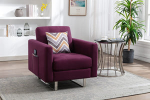 Victoria Purple Linen Fabric Armchair with Metal Legs, Side Pockets, and Pillow