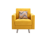 Victoria Yellow Linen Fabric Armchair with Metal Legs, Side Pockets, and Pillow