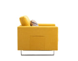 Victoria Yellow Linen Fabric Armchair with Metal Legs, Side Pockets, and Pillow