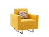 Victoria Yellow Linen Fabric Armchair with Metal Legs, Side Pockets, and Pillow