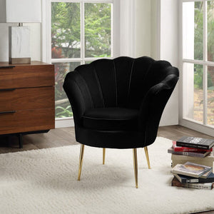 Angelina Black Velvet Scalloped Back Barrel Accent Chair with Metal Legs