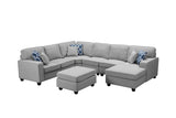 Willowleaf Light Gray Linen 7Pc Modular L-Shape Sectional Sofa Chaise and Ottoman