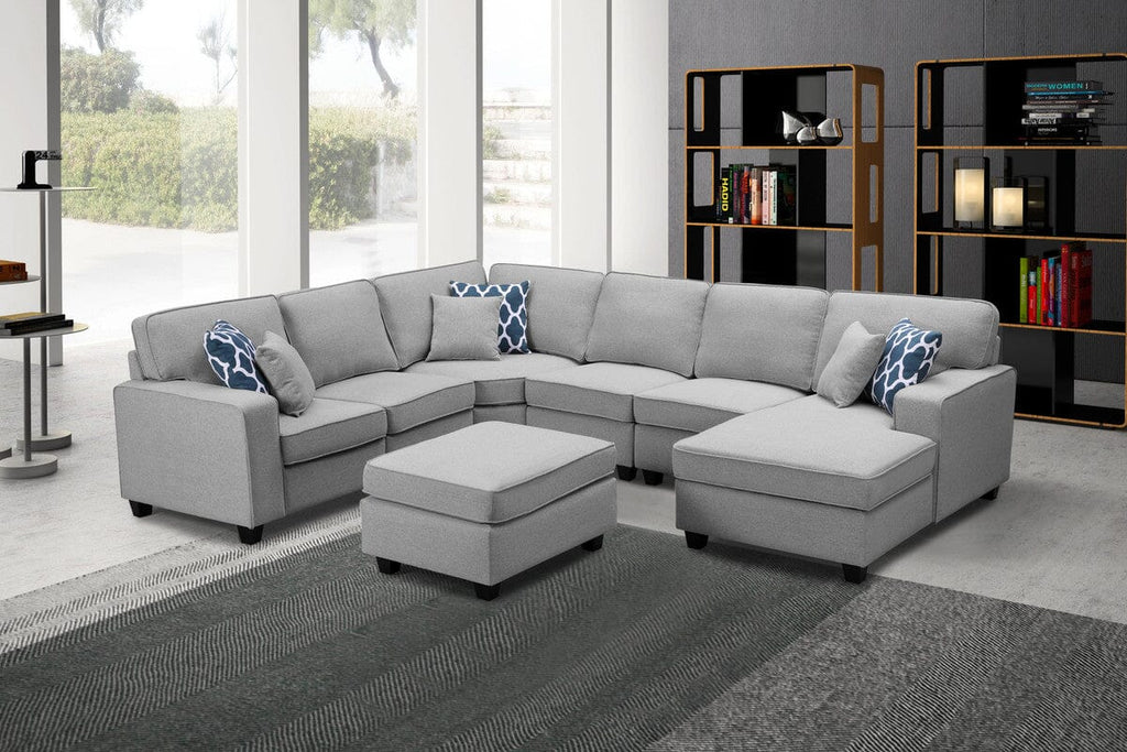 Willowleaf Light Gray Linen 7Pc Modular L-Shape Sectional Sofa Chaise and Ottoman
