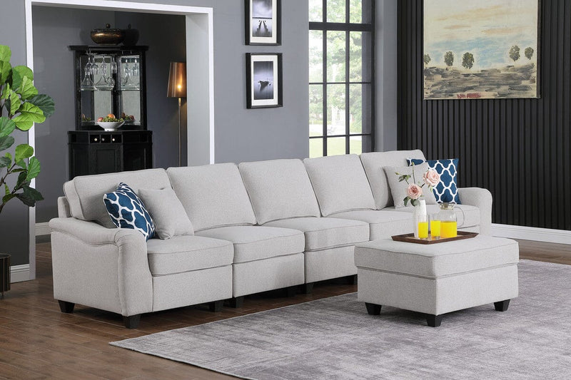 Leo Light Gray Linen 6 Seater Sofa and Ottoman