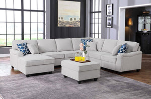 Leo Light Gray Linen 7Pc Modular L-Shape Sectional Sofa Chaise and Ottoman
