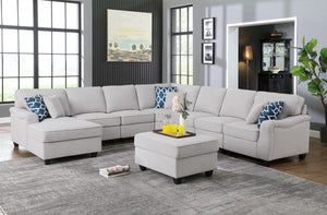Leo Light Gray Linen 8Pc Modular L-Shape Sectional Sofa Chaise and Ottoman