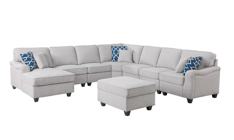 Leo Light Gray Linen 8Pc Modular L-Shape Sectional Sofa Chaise and Ottoman